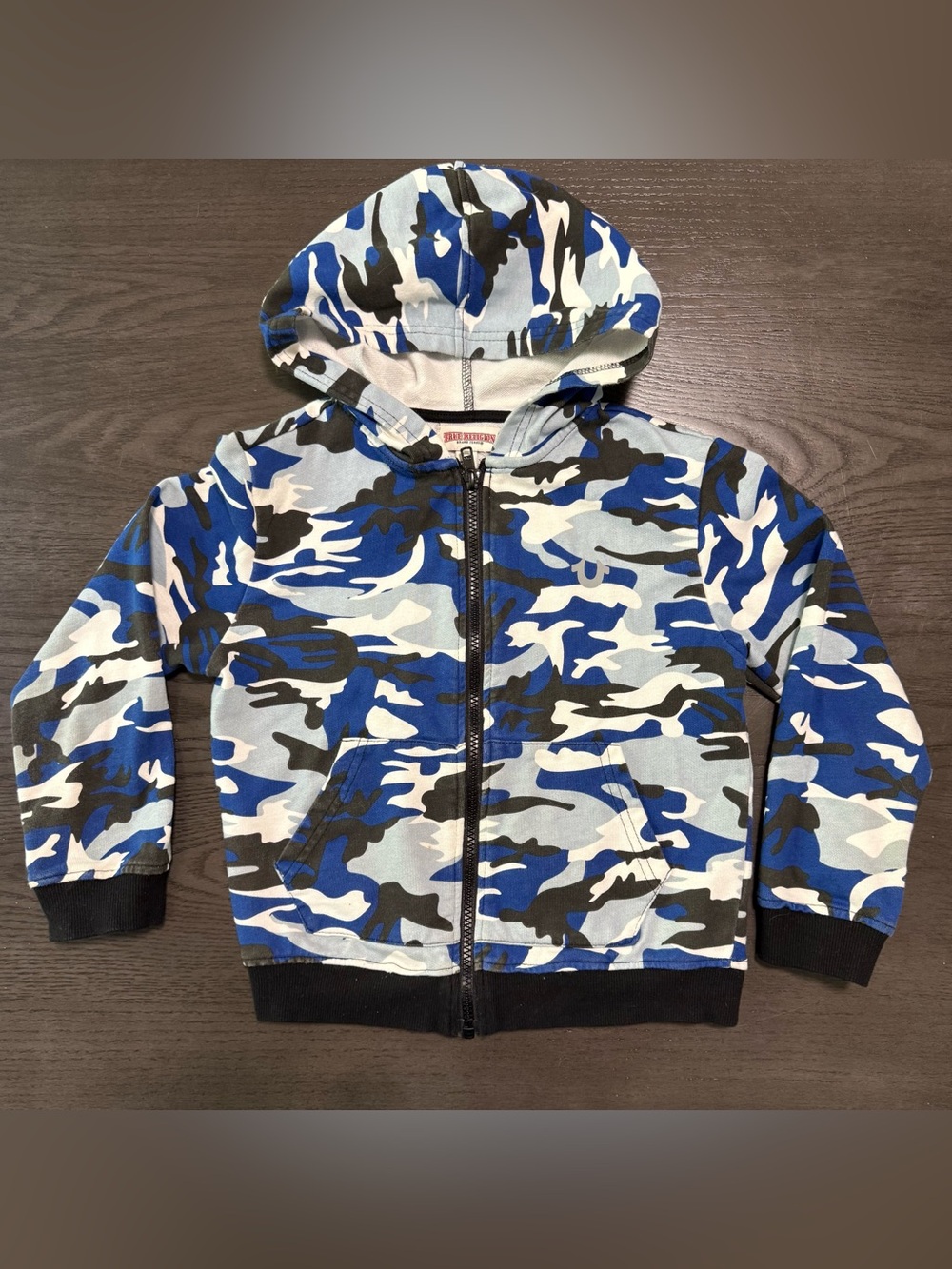 True Religion Boys Blue Camo Zip Up Hoodie Size 5 Cotton Hooded Sweatshirt